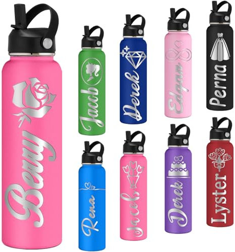 Personalized Water Bottles with Straw 24oz Custom Stainless Steel Sports Water Bottle with Engraved Name Text Customized Insulated Double Wall Water Bottles for School Sports