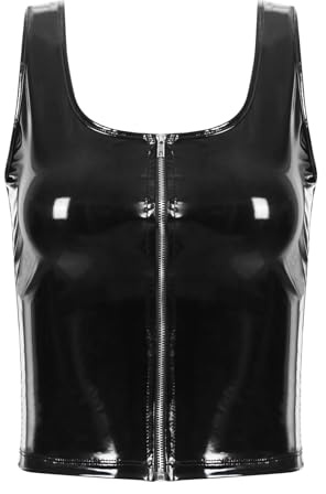Agoky Damen Neckholder Top Lack Leder Slim Fit T-Shirt Frauen sexy Bluse Weste mit Stehkragen Reisverschluss Steampunk Oberteile Outfit Clubwear