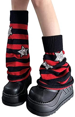 Betrodi Harajuku Leg Warmers Women Japanese Lolita Gothic Knit Long Socks High Heels Boots Leg Warmer Gothic 80s Punk (H Red Star, One Size)