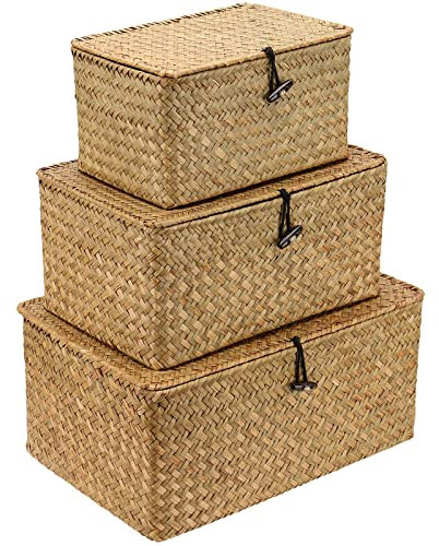 SEUNMUK Set of 3 Handwoven Seagrass Storage Basket with Lid, Rectangular Seagrass Organizing Baskets Handmade Organizer Bins for Home Storage and Decoration, Picnic, Camping, Travel, yellew
