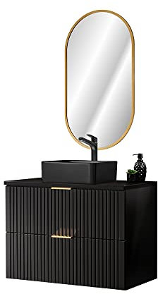 Lomadox Waschplatz Set, 80cm breit, ovaler LED Spiegel, schwarz matt gerillt, B/H/T ca. 80,6/200/46,5 cm