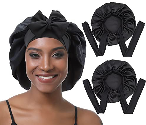 EBONNT 2 Stück Satin Bonnet Schlafhaube Verstellbare Silk Bonnet Seidenhaube Seide Locken Atmungsaktive Seide Schlafmütze Schlafen Weiche Satin Haube für Damen Mädchen