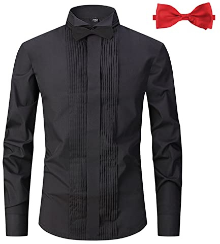 ATOFY Men's Tuxedo Dress Shirt Wing Collar Front Pleat French Cuffs with Cufflinks and 2 Bow Ties Slim Fit Button Down Shirts(Black, M)