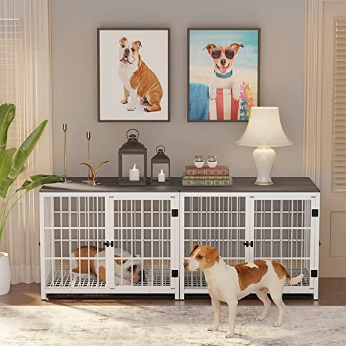 BingoPaw Heavy Duty Dog Crate: 62inch Pet Side Table Kennels with 3 Doors | Large Inside Puppy Wooden Training Cages Furniture House with Wire Bottom and Removable Tray for Small Medium Dogs Brown