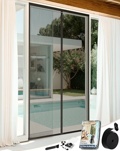 ARCOL Mosquitera Puerta Magnética 80x210 cm de Fibra de Vidrio – Adiós a los Mosquitos en 3 min, Malla Ultra-Fina, Cierre Automático con Imanes y Pesos, Cinta de Fijación Extra Ancha (Negro)