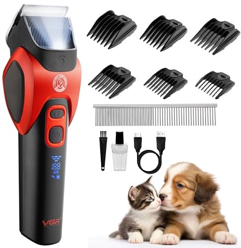 VGR Hundeschermaschine Kabellos für dickes oder lockiges Fell - Tierhaarschneider mit Keramikklingen - Geräuscharmes Fellpflegeset für Katze mit mattiertem Fell, Welpen, Pudel