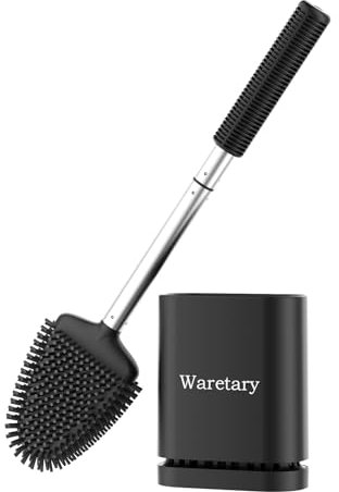 Waretary - Klobürste Silikon, WC Bürste und Halter Set aus Edelstahl, Flexibler Bürstenkopf für Tiefenreinigung, Schnell trocknende Wandmontage & Stehend für Badezimmer(Schwarz)