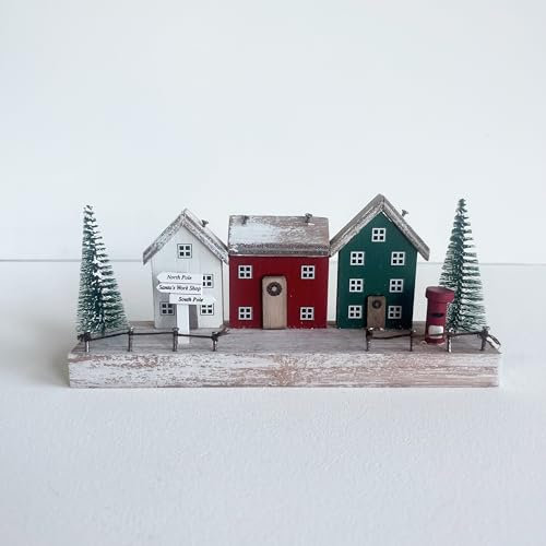 pf+a Small Wooden Festive House Scene - Christmas Decoration/Ornament - Nordic Home Style Decor - Winter Village Scene with Sign Post
