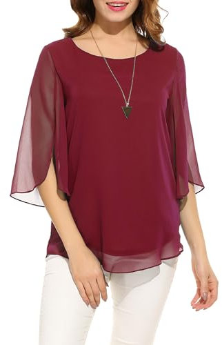Timuspo Damen Chiffon Bluse Halbärmel Tunika Lässige Oberteile Blusenshirt Basic Tops Weinrot,M