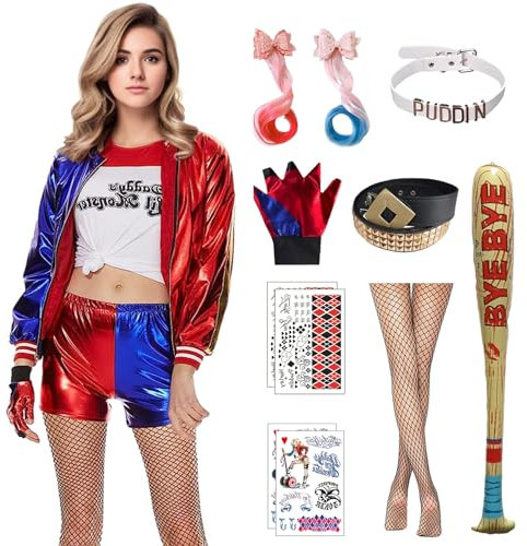 Alaiyaky Harley Kostüm Damen, Quinn Cosplay Clown Outfits Quinn Kostüm mit Handschuhen Halskette Perücke Strümpfe Aufkleber Ballon, Coole Mädchen Outfits für Karneval Halloween (Damen, L)