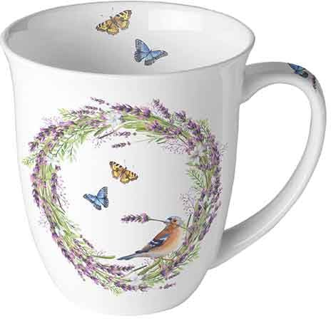 Ambiente Fine Bone China Tasse 400 ml, Große Kaffeetasse & Teetasse aus Porzellan, Lavendel, Buchfink & Schmetterlinge, Mikrowellengeeignet