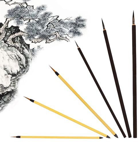XCSJ 6 Pcs Pinceau De Calligraphie Chinoise Kanji Japonais Sumi, Pointe Fine, pour Peintures Détaillées,Écrire, Dessin, Encre Japonaise Sumi Brush Fin Kanji pour Débutant, Étudiants (A)