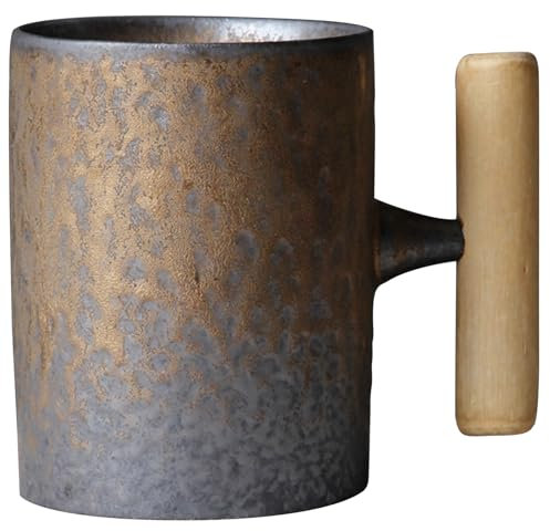 Tasse de café japonaise, tasse en céramique Mug vintage 310 ml Masse en céramique japonaise vintage, tasse de café en céramique à chaleur à la chaleur avec poignée en bois pour le bureau à domicile T