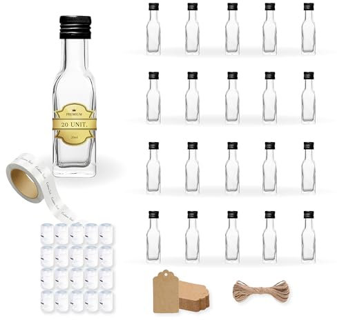 20 Mini Bouteilles en Verre 20ml avec Bouchon a Vis Noir + Sceau + Étiquette Kraft + Fil + Étiquette Personnalisable | Mignonnettes Alcool 2cl, Petites Fioles Échantillons | Cadeaux, Mariages
