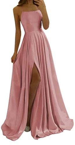 Abendkleid Damen Elegant Neckholder Cocktailkleid Chiffon Rückenfreies Abschlusskleid Partykleid Mit Schlitz Ärmellos Brautjungfernkleider Wickelkleid Spitzenkleid Spaghettiträgern,Rose Gold,S