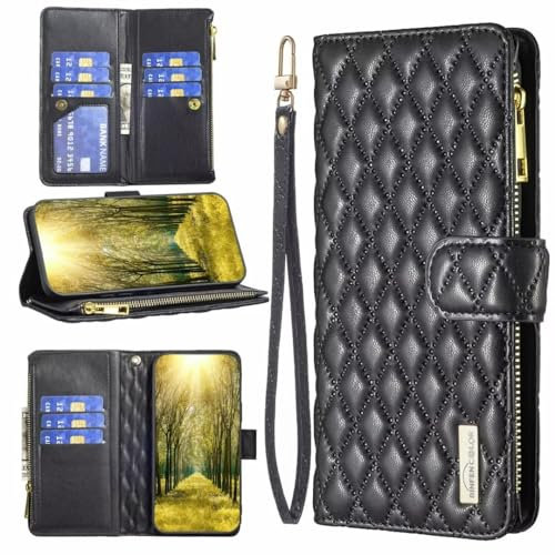 Miagon for Xiaomi Redmi Note 13 Pro 5G Zipper Case,Rhombus Wallet Purse Handbag with Wristlet 9 Card Slots Pocket PU Leather Magnetic Flip Kickstand Cover