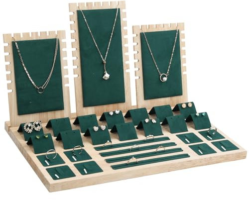 Espositore per Gioielli in Bambù, Supporto per Vetrina Collane, Portagioie con Vassoio, Porta Orecchini Organizer in Velluto, Portaoggetti Anelli Vetrina per Bracciali Bancone del Negozio (Verde)