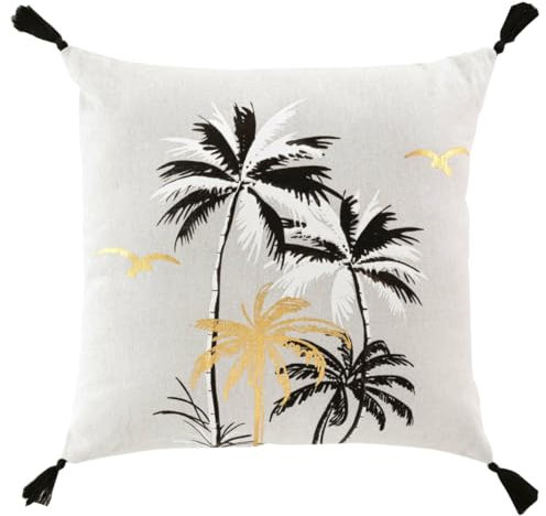 MACOSA U1612336 Kissen Palmen Beige Schwarz Gold 45 x 45 cm Quasten Qaudratisch Baumwolle mit Reißverschluss inkl. Füllung Sofakissen modern Dekokissen Zierkissen (45 x 45 cm Beige Weiß Schwarz)