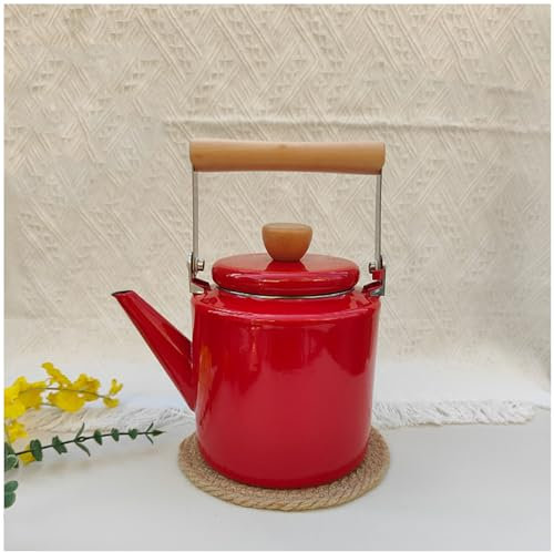NISMIA Teiera da Cucina Smaltata, teiera Smaltata Vintage, bollitore con Manico in Legno,Rosso,2.4L