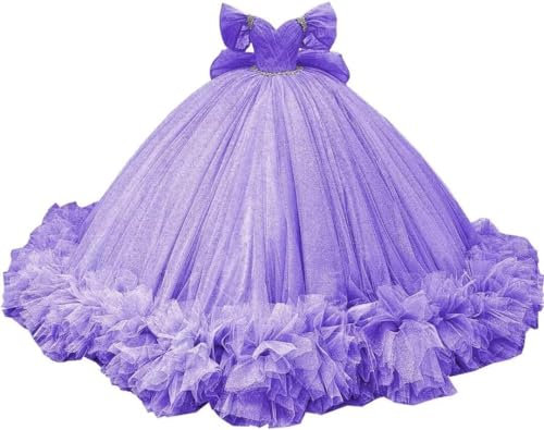 Yifanier Vestidos de quinceañera de Tul Vestidos de Fiesta de graduación de Tul hinchados con Pliegues y Volantes Vestido de Fiesta Dulce 16 con Cuentas y Hombros Descubiertos con Cola