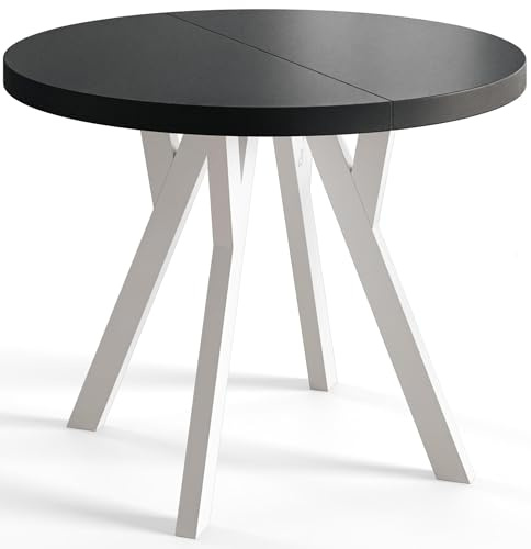 AlpiMeble Esstisch Ausziehbar OVO, 100-200cm, Stabile Beine, Schwarz | Runder Tish, Moderner Design, Wohnzimmertisch und Küchentisch, Stabile Konstruktion, Weiße Beine