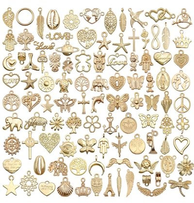 TPZORJX 100 Stück Charms Anhänger- Kreatives DIY-Schmuckset Charms,zum Schmuck Basteln, Gemischte Anhänger Kette und Vintage Aesthetic, Armbänd Ohrringe Halskette(Gold)