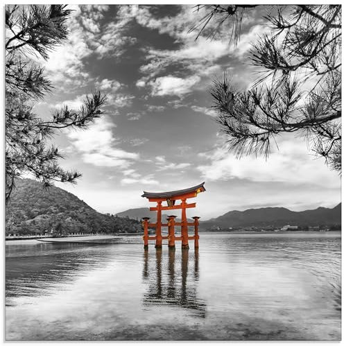 ARTland Wanddeko Glasbilder Wandbild Glas Bild 50x50 cm Japan Reise Natur See Hiroshima Shinto Schrein Tor Itsukushima U5HL