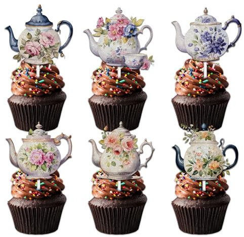Teapot Dessert Cupcake Topper Pick for Afternoon Tea Theme Decorations children Happy Birthday Baby Shower Party Decor Supplies 18pcs Colorful Glitter