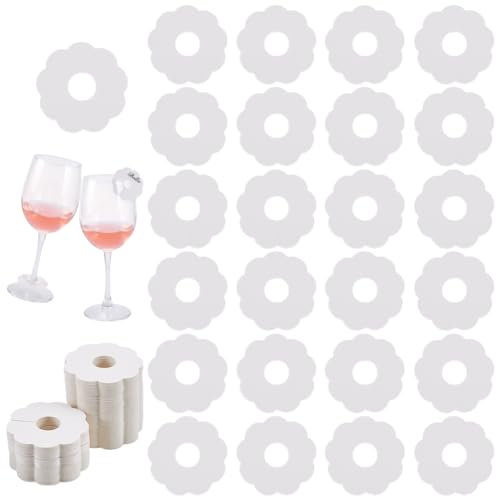 FINGERINSPIRE 200 Pcs Paper Drink Name Tags for Wine Glasses 50mm Flower Shape White Color Wine Glass Marker Blank Wine Glass Charm Cocktail Champagne Tag Identification Marker for Party Guest