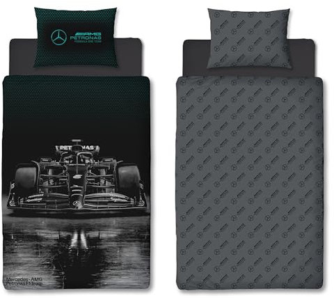 Character World Mercedes AMG Petronas Offizielles Bettwäsche-Set für Einzelbett, Stealth-Design, wendbar, 2-seitig, Formel 1, offizielles Merchandise-Produkt, inklusive passendem Kissenbezug