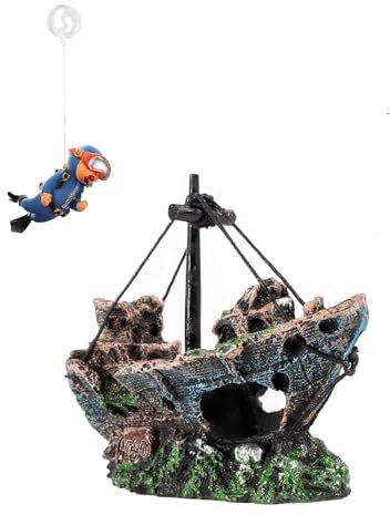YZHZOM Aquarium deko Schiff: Realistisches Schiffswrack + Schwimmender Taucher, Blau, Harz, Bodenmontage, Floating Diver
