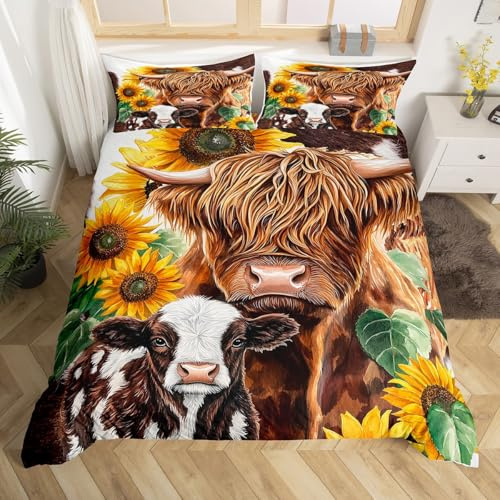Homemissing Juego de ropa de cama con diseño de vaca de las Tierras Altas, tamaño King, diseño de girasol, dibujos animados, vaca lechera, decoración occidental, camas, granja, ganado, toro, kawaii