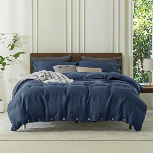 EVERLY 100% Pure Linen Duvet Cover Set Oversized King120X98Inch 3pcs (1 Duvet Cover,2 Pillowcases) Soft and Breathable for All Season with Coconut Button Closure, Suitable for Hot Sleepers-Navy Blue