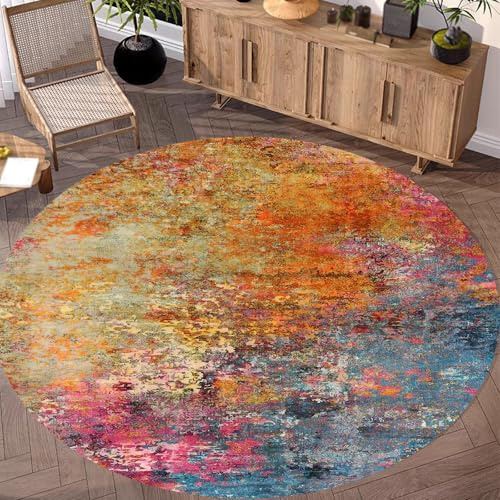 Yaaxinb Teppich Rund, 100 cm, Kurzflor Teppiche Küchenteppich Läufer Wohnzimmer Badezimmer Zimmer Flur, Modern Abstrakt Blau Fuchsia Rosa Orange Mehrfarbig,Bunt,