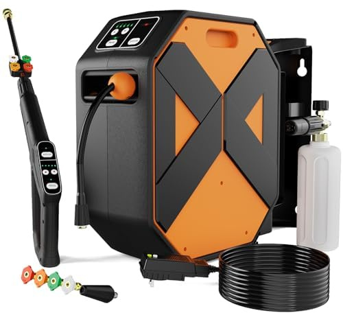 Wall Mounted Pressure Washer with 100FT Retractable Hose, 5-Stage Adjustable Pressure, Foam Cannon & 5 Nozzles for Car, Lane, Patio Cleaning Orange