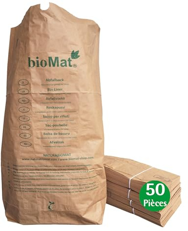 bioMat Kompostierbare Papiersäcke 120l aus Kraftpapier, 50 Papiertüten für Biotonne, 1-lagig, Reißfest, Nassfest, Braun