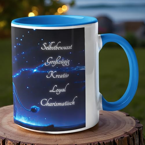 Löwe Sternzeichen Tasse 330ml Astrologie Geschenk Leo Becher Horoskop Tasse Geburtstag spirituell mystisch Kaffee Kaffeetasse Tierkreiszeichen Geschenkidee Löwe Mug Cup (03 blau – mit Motivdruck)