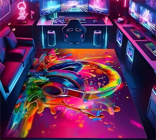 USHIRUG Cooler 3D Teppich, 70x140cm, Abstraktes Graffiti-Design Mit Bunten Kopfhörern, Dekorativer Teppich, Gamer Teppiche, Gaming Teppiche für Jungen, Teenager und Erwachsene, Wohnzimmer, Esszimmer