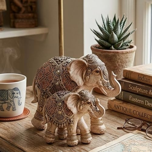 Elefanten Deko Figur Mutter Kind Set Glücksbringer Polyresin Boho | Elefanten Figur Set, Mutter Baby Elefantenpaar, Glücksbringer Deko, Skulptur Boho Stil Wohnzimmer Regal Büro Geschenk