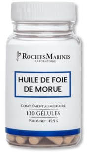 Roches Marines - Complément alimentaire Huile de foie de morue 100 gélules - Vitamines A et D, Oméga 3 - Immunité - Bonne solidité des os - Vitalité - Développé en France