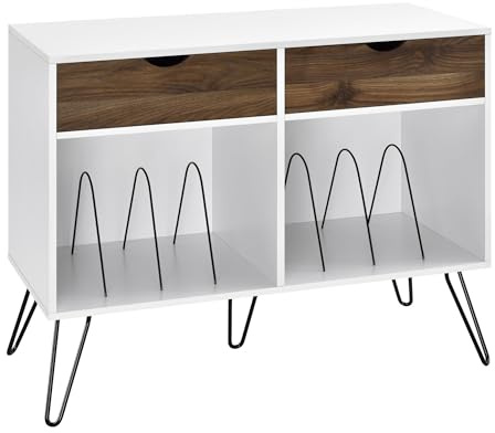 Harmony Plattenständer Weiß, 99 x 43 x 79 cm, Schallplattenregal mit 2 Schubladen und offenen Fächern, Plattenspieler Tisch aus MDF und Holzwerkstoff im modernen Design