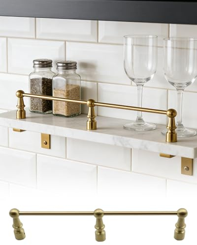Regalgeländer Gealterte Massive Messing Gold Regalstange, Sicherheits-Kippschutz für Lange Regale mit 3 Pfosten und Schrauben, Galerieschienen für Möbelkanten(Style 1,47.3in (120cm))