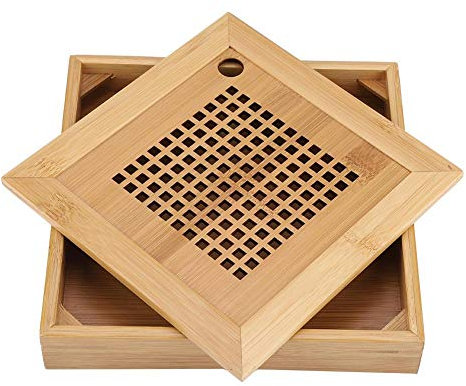 Plateau de Service en Bambou avec Drainage - Style Japonais/Chinois - Mini Plateau carré Kongfu avec Stockage d'eau pour la Maison ou Le Bureau