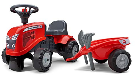Falk - Traktor Massey Ferguson mit Anhänger – ab 12 Monaten Schaufel und Rechen inklusive – 2 Personalisierungsstile – Nummernschild personalisierbar – 241C