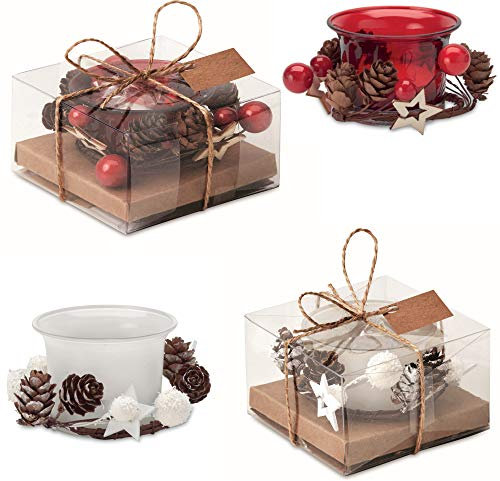 Juego de 4 Velas de Navidad - 2 Rojas Con Decoración y 2 Blancas en Vaso - Caja de Regalo