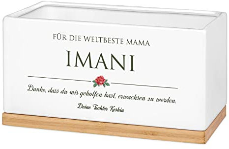Maverton Blumentopf mit Aufdruck - Pflanzentopf aus Keramik + Untersetzer aus Bambusholz - Küche Dekoration - Blumenkübel für Frauen - zum Geburtstag - zum Einzug - Weiß - Rose