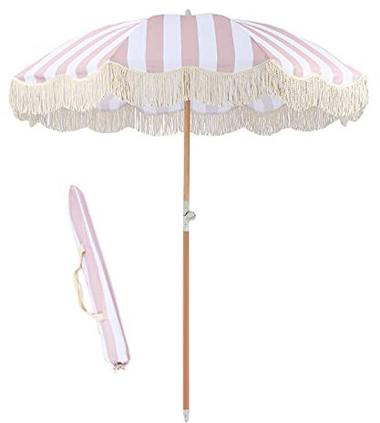 LefeDa Parasol De Jardin Rose Parasol De Plage Extérieur 180cm Parasol De Terrasse Avec Frange Parasol Inclinable Pliable Parasol Deporte UPF 50+ Petit Parasol Imperméable Balcon Terrasse Jardin
