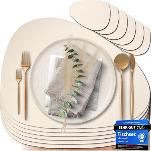 Mahewa® 6er Set Premium Tischset aus Kunstleder - Platzset abwaschbar und wasserdicht - Platzdeckchen Telleruntersetzer in Lederoptik (Cremebeige, Oval)