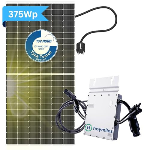 Balkon Solaranlage 300w komplett - Hoymiles Balkonkraftwerk 300w komplett Steckdose - Balkonkraftwerk Set mit 1x Solarpanel 375W I Wechselrichter 300W Hoymiles HO HM-300 I 3m Schuko