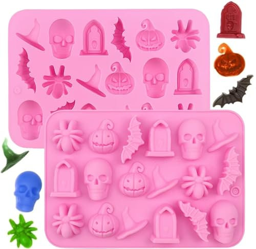 Halloween Silicone Moulds, 2PCS 18-Cavity Halloween Chocolate Molds Pumpkin Skull Bat Spider Ghost Molds DIY Fondant Candy Mold, Baking Mould for Cookies Chocolate Candy Gummy Jello Ice Cube